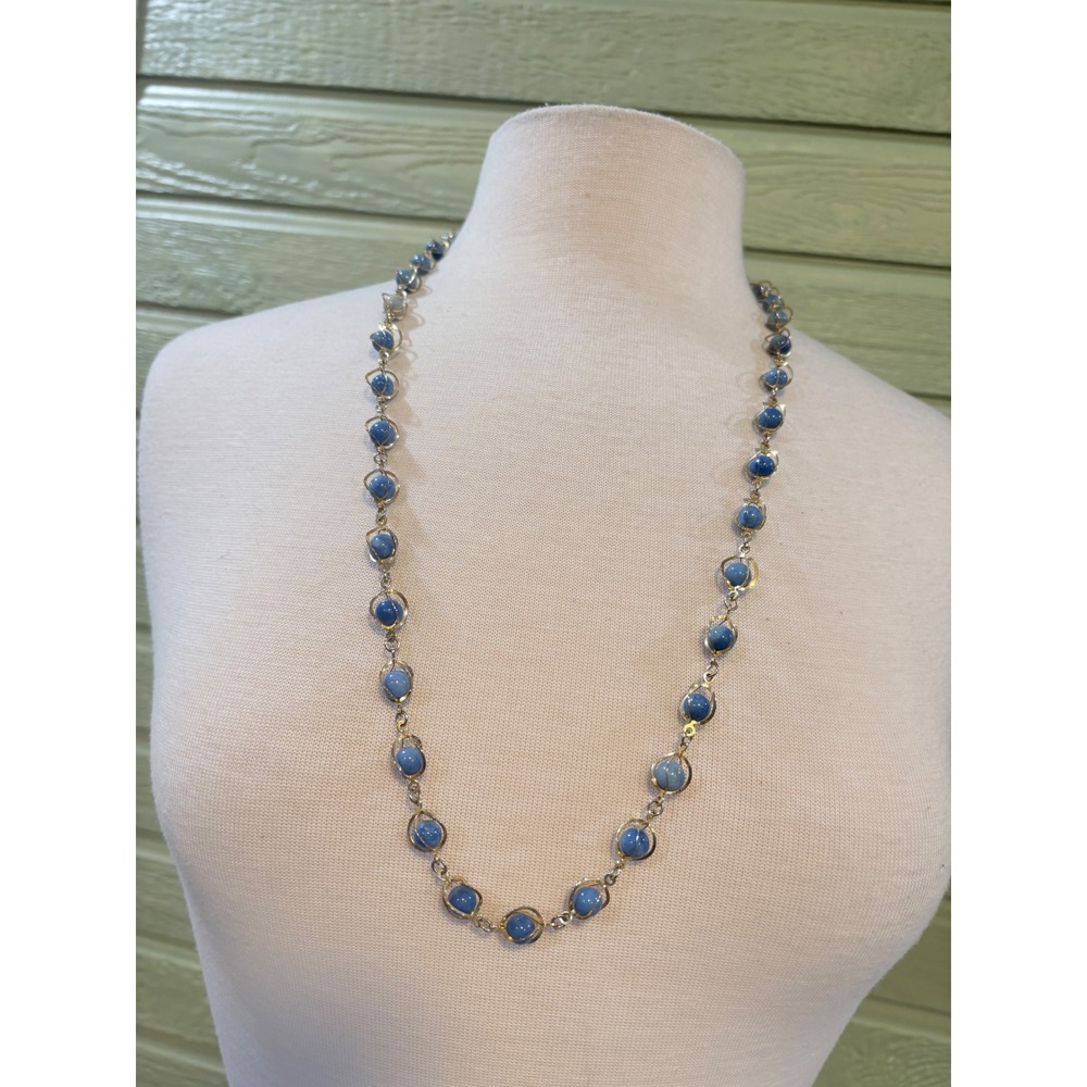 Vintage Gold Tone Blue Stone Cage Bead Station Necklace Long 30 Inch
